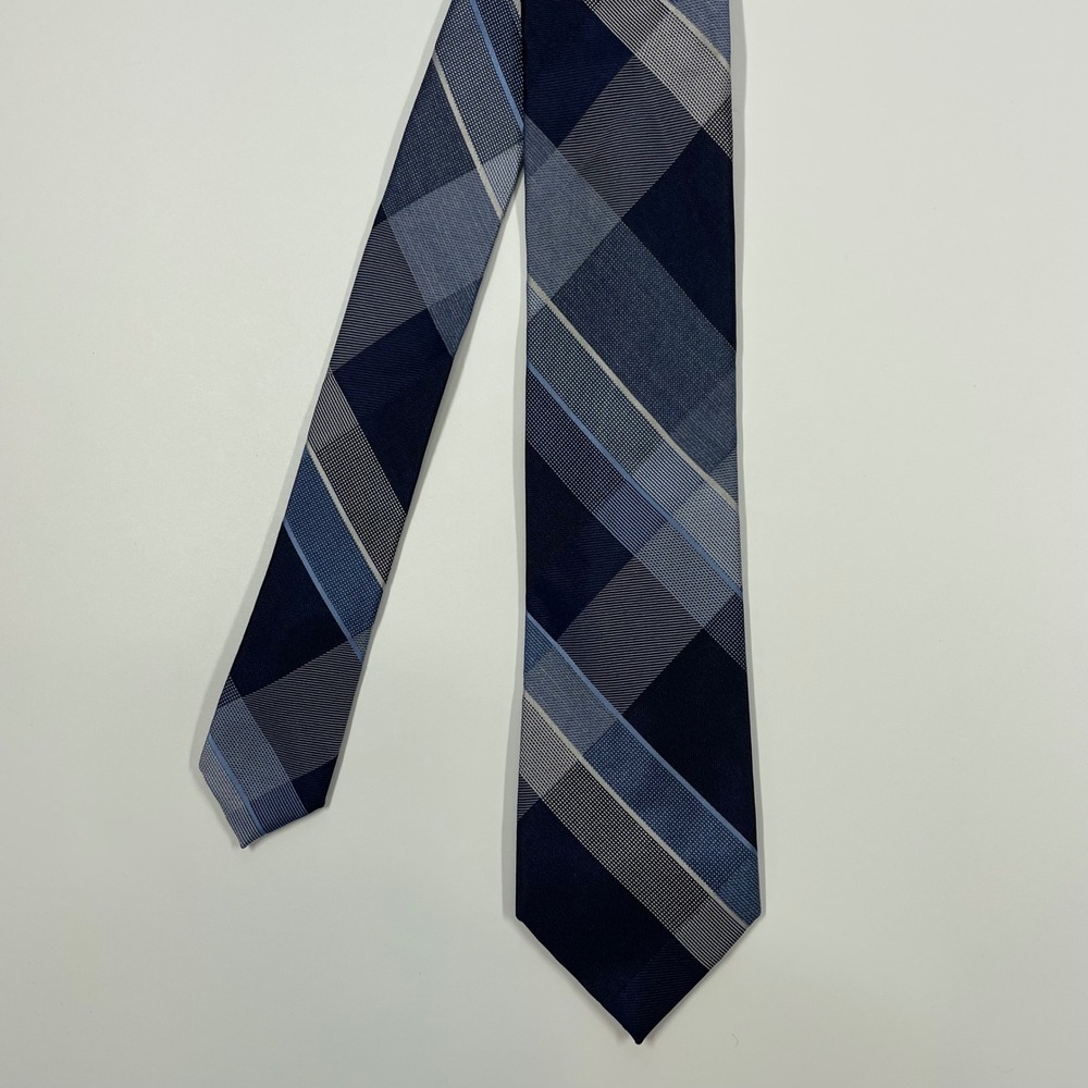 Reaction Kenneth Cole Navy Blue Plaid Silk Necktie Mens One Size